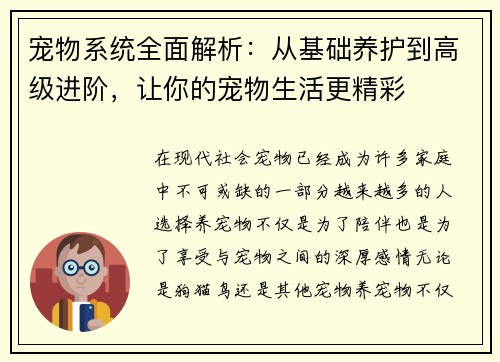 宠物系统全面解析：从基础养护到高级进阶，让你的宠物生活更精彩
